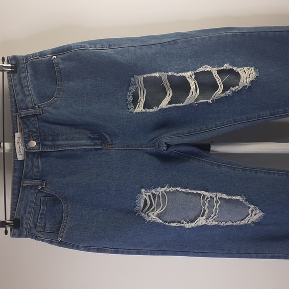 Denim Blvd Los Angeles Distressed Leg Cropped Blue Jeans Size L Waist 32 - Picture 2 of 16